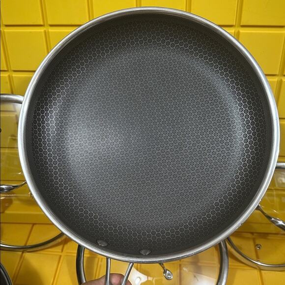 HEXCLAD Hybrid 7 Piece Nonstick Stainless Steel Frying Pan Set 8 10 12" Lids Wok - Picture 6 of 11